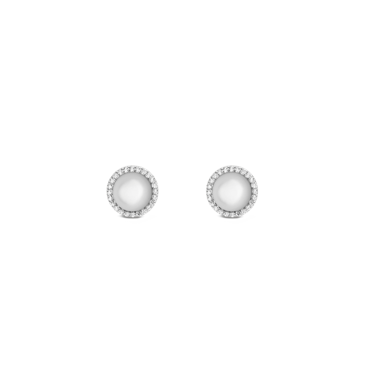 Round silver stud earrings with a shimmering mother-of-pearl stone in the centre, framed by a delicate row of sparkling CZ crystals.