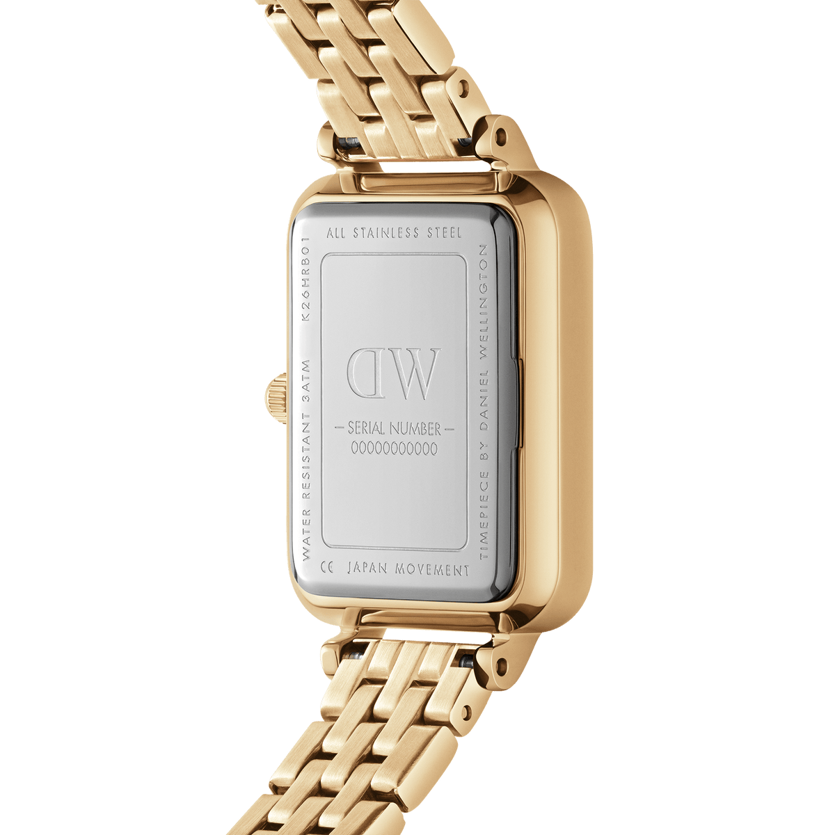 Back view of the Quadro Roman Numerals 5-Link Gold women's watch by Daniel Wellington with an engraved stainless steel case back, serial number, and gold-coloured five-link bracelet.