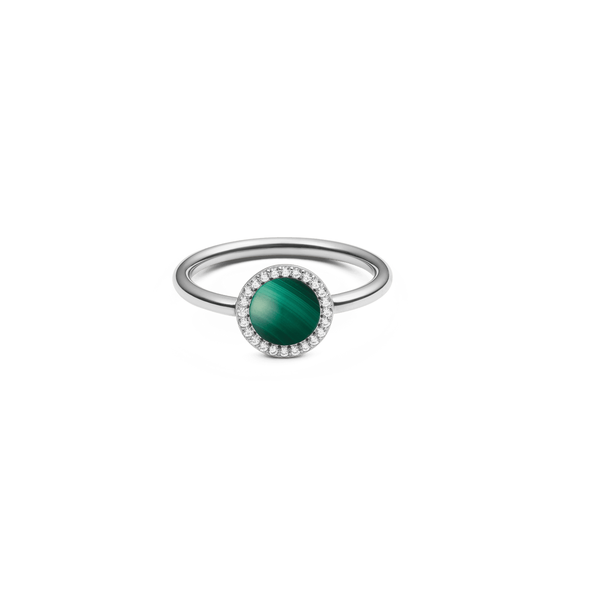Anello Audrey in acciaio inossidabile con malachite naturale, impreziosito da cristalli bianchi in zirconia cubica. La pietra verde di malachite è incastonata al centro, donando un tocco di eleganza raffinata.