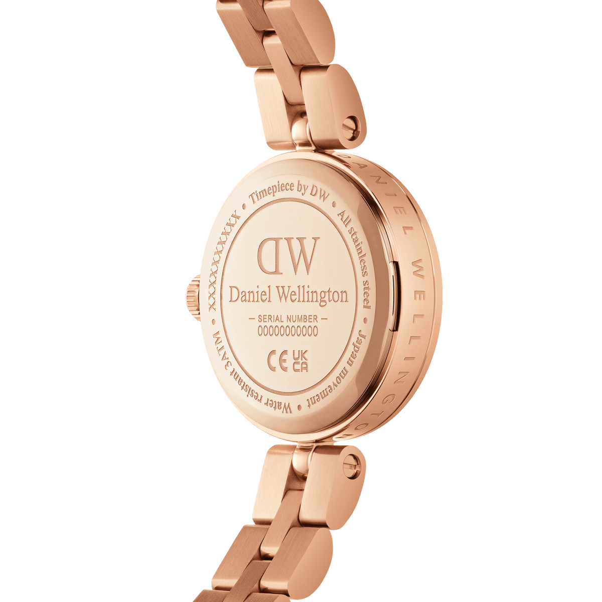 Rear view of the Elan Lumine Rose Gold women's watch with engraved case back, brand logo and polished stainless steel bracelet in rose gold.