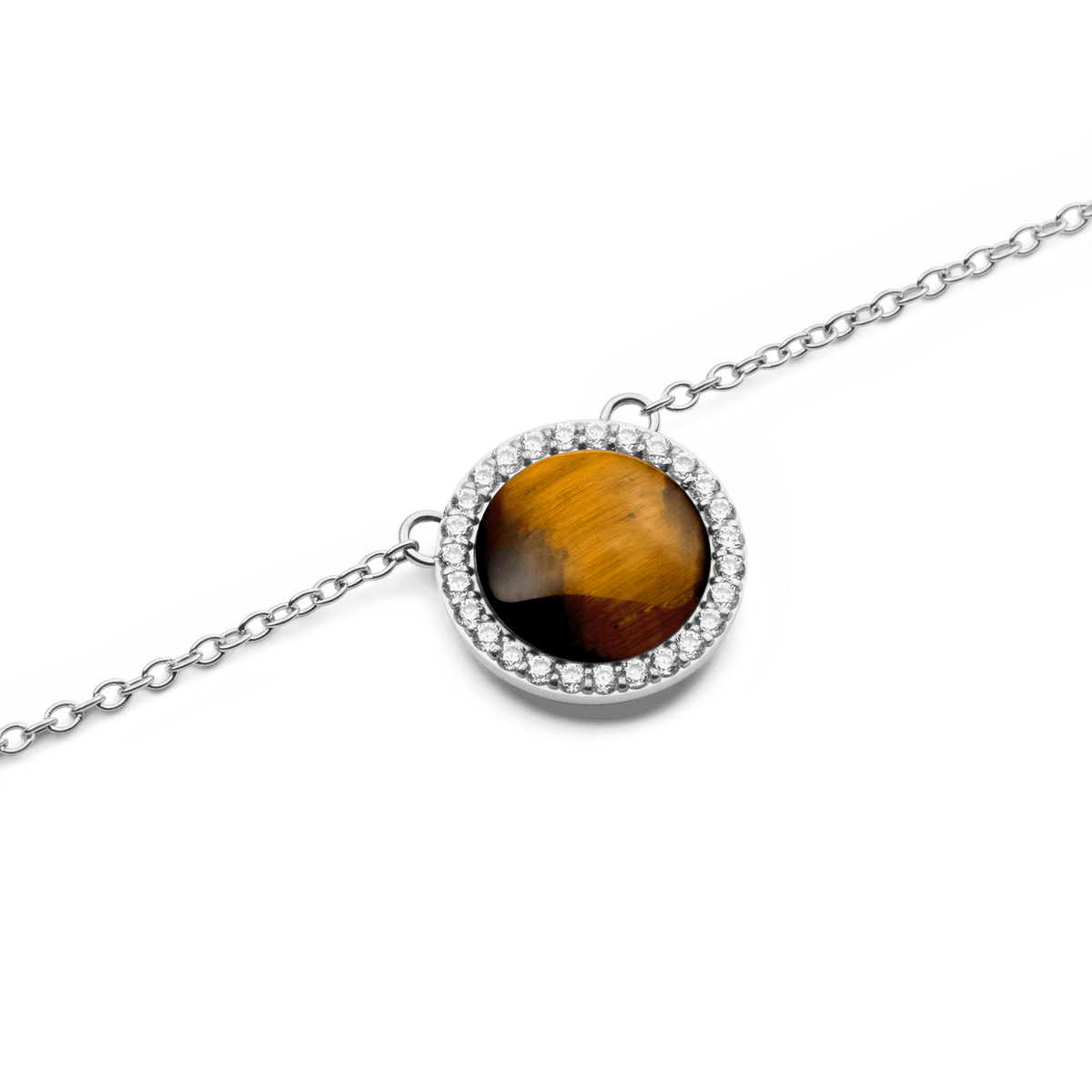 Collana Audrey con ciondolo rotondo in occhio di tigre naturale, dalle tonalità dorate e marroni, impreziosito da zirconi bianchi e montato su una catena in acciaio inossidabile argentato.