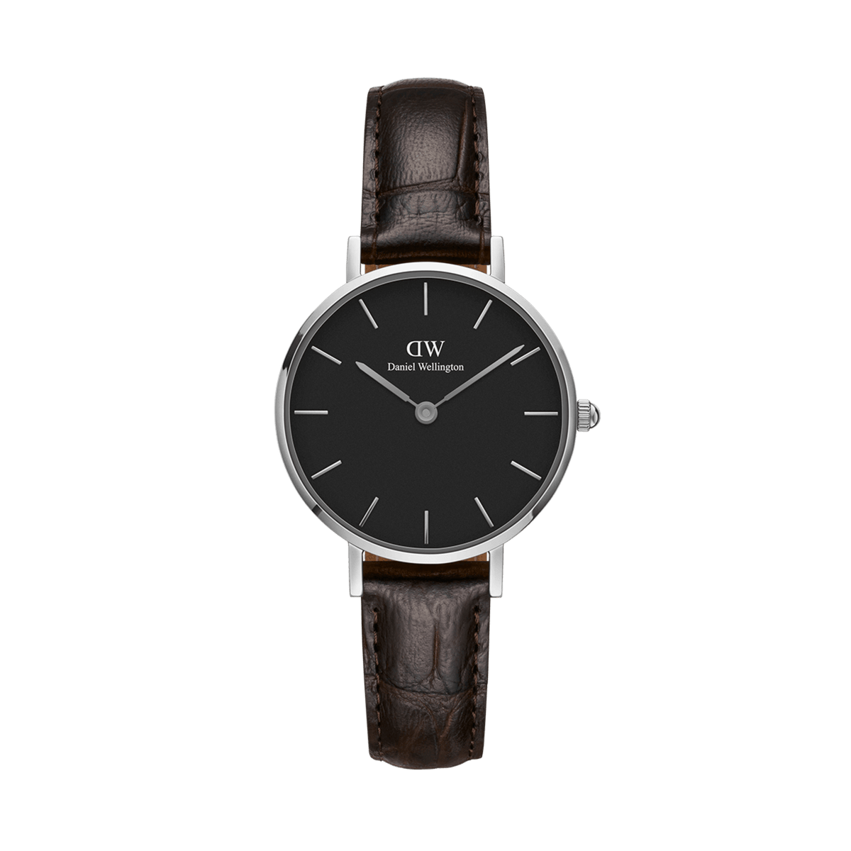 El reloj Petite York Black Silver para mujer presenta una caja delgada de acero inoxidable plateado, esfera negra con índices plateados y correa de piel auténtica con textura tipo cocodrilo en marrón oscuro.