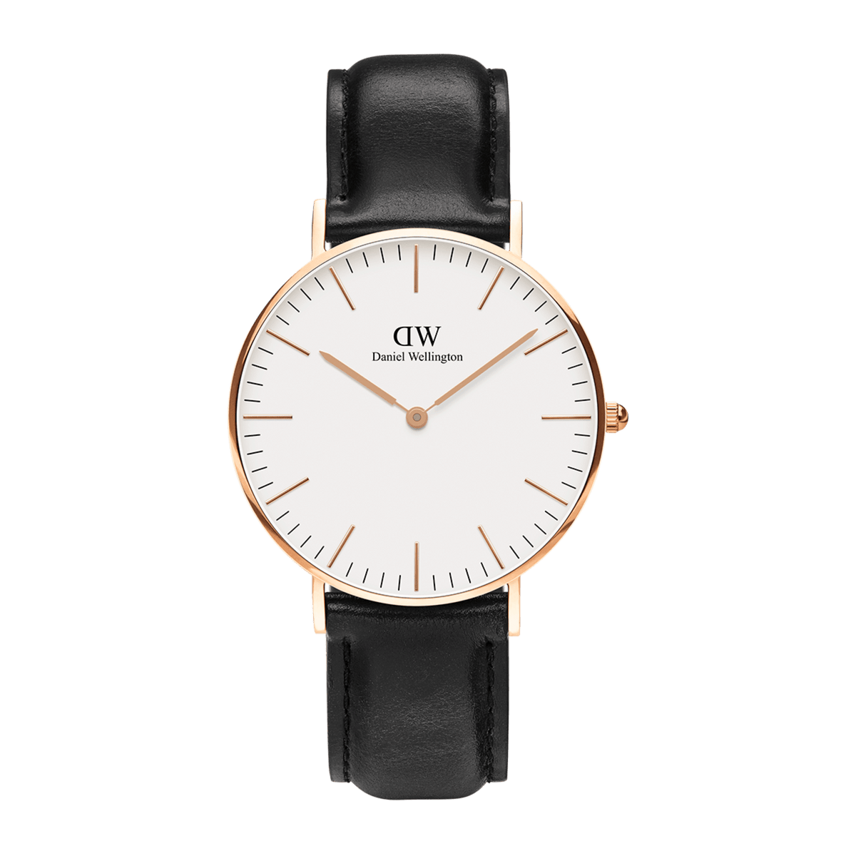 Daniel Wellington Classic Sheffield watch with white dial, rose gold case and black leather strap in a minimalist design.