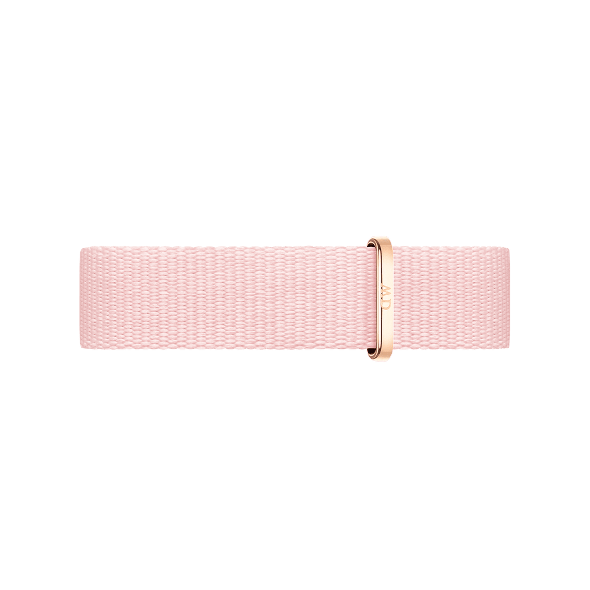 Soft pink watch strap made from recycled polyester with a fine woven texture and an elegant rose gold pin buckle.