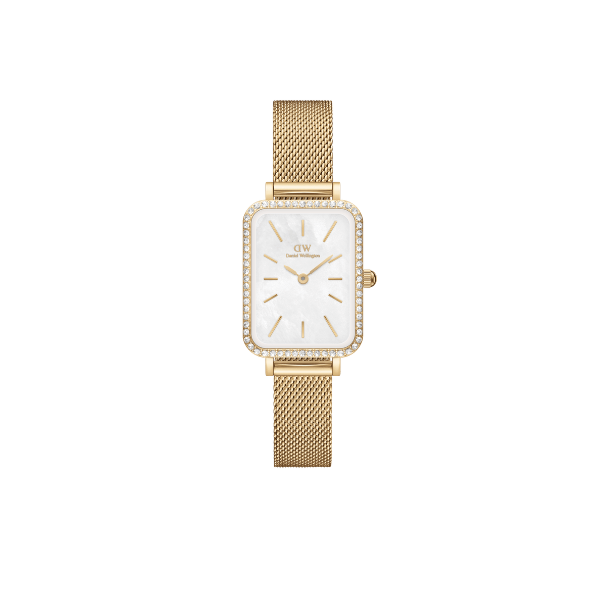 Rectangular ladies' watch with gold-coloured mesh strap, white mother-of-pearl dial and sparkling, stone-set bezel.