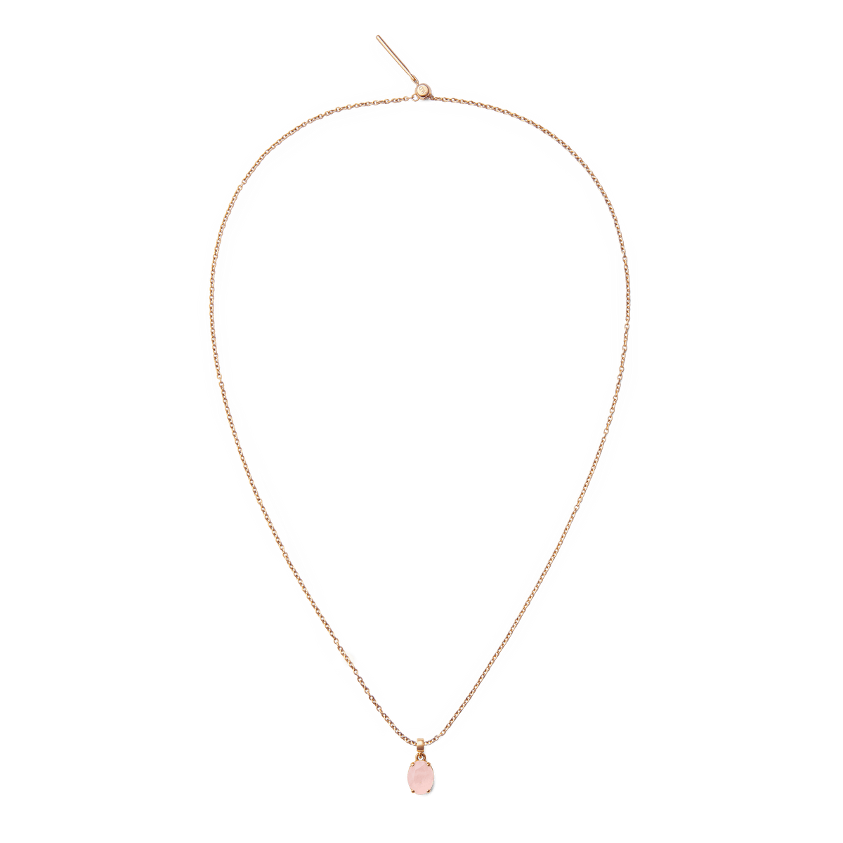 Delicate rose gold necklace with an oval rose quartz pendant, minimalist in design and ideal as an elegant everyday piece of jewellery.