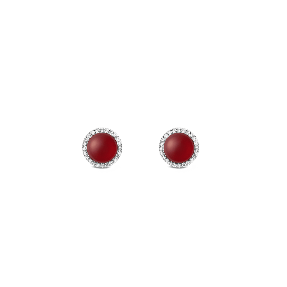 Round stainless steel stud earrings with red agate and a silver setting, surrounded by a delicate row of white zirconia crystals.