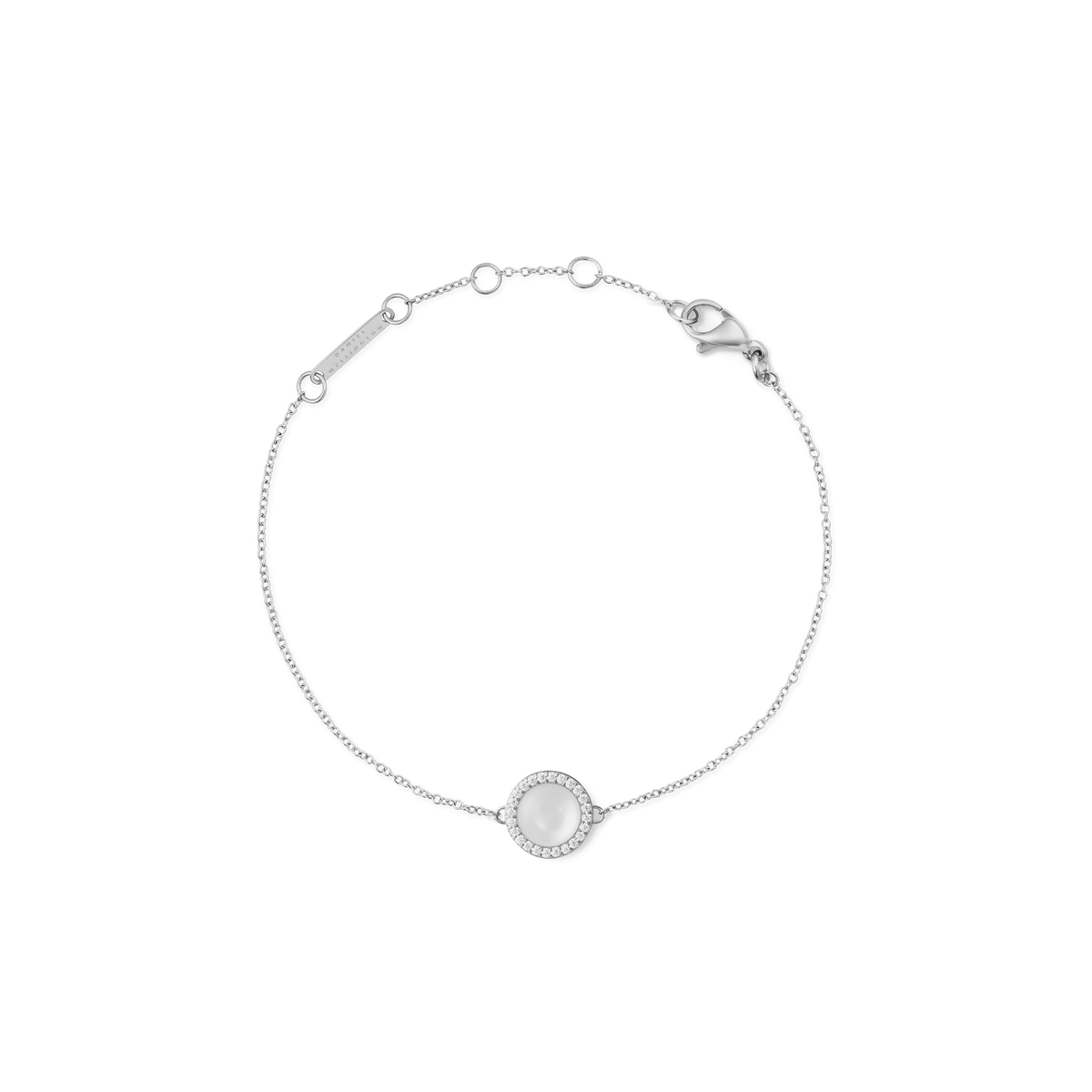 Delicate silver bracelet with a round mother-of-pearl pendant, surrounded by white cubic zirconia crystals and a lobster clasp.