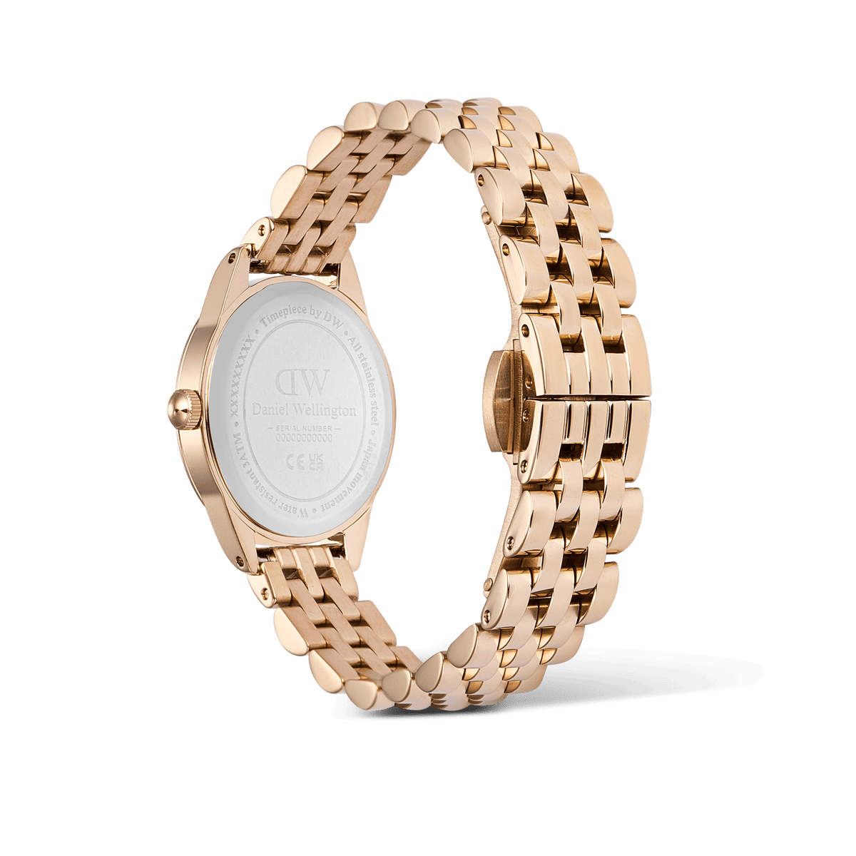 Rear view of the Ophelia Mini ladies' watch in rose gold with a polished stainless steel bracelet, visible case back, and open butterfly folding clasp.