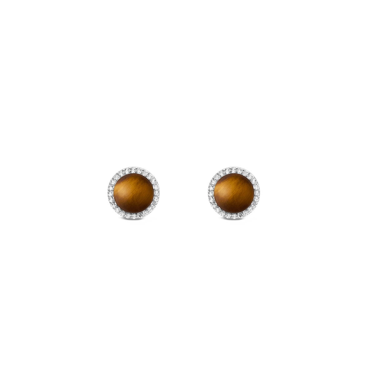 Two round silver stud earrings with a brown tiger's eye stone in the centre, surrounded by a delicate circle of white zirconia crystals.
