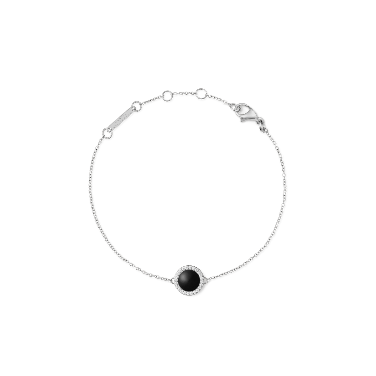 Delicate silver bracelet with a round pendant made of black agate, surrounded by white cubic zirconia crystals and an adjustable lobster clasp.