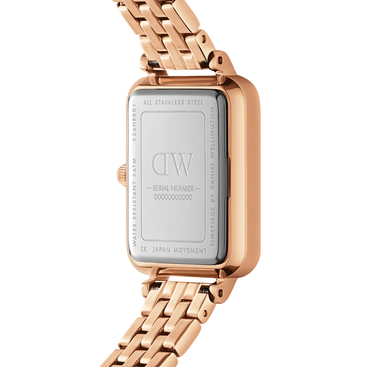 Back view of the Quadro Lumine Bezel 5-Link Melrose women's watch with engraved stainless steel case back, serial number, and rose gold 5-link bracelet.