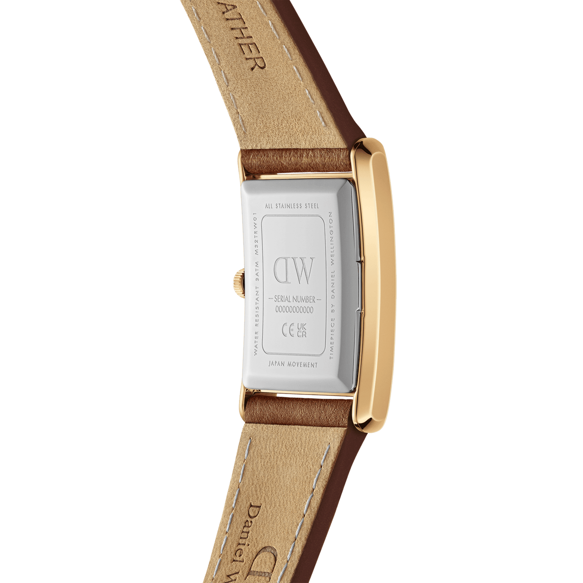 Back view of the Bound Durham Gold ladies' watch with engraved stainless steel case back and light brown leather strap.