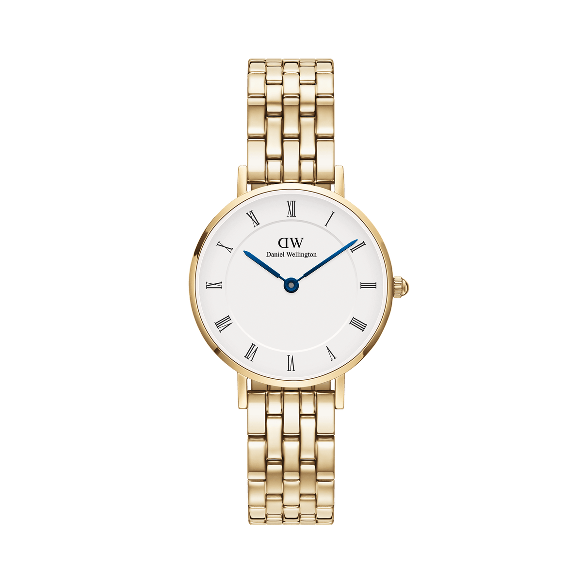Elegant gold women's watch with a 5-link stainless steel bracelet, white dial, Roman numerals and blue hands.
