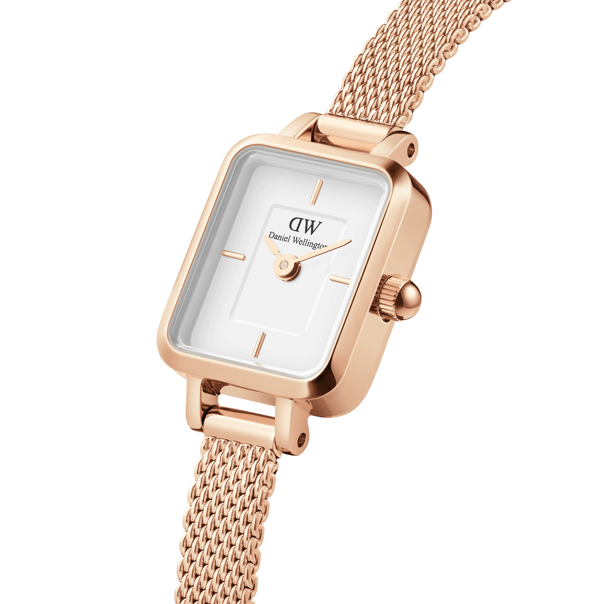 Close-up view of the Quadro Mini Melrose women's watch with a rectangular case in rose gold, white dial and fine mesh strap.