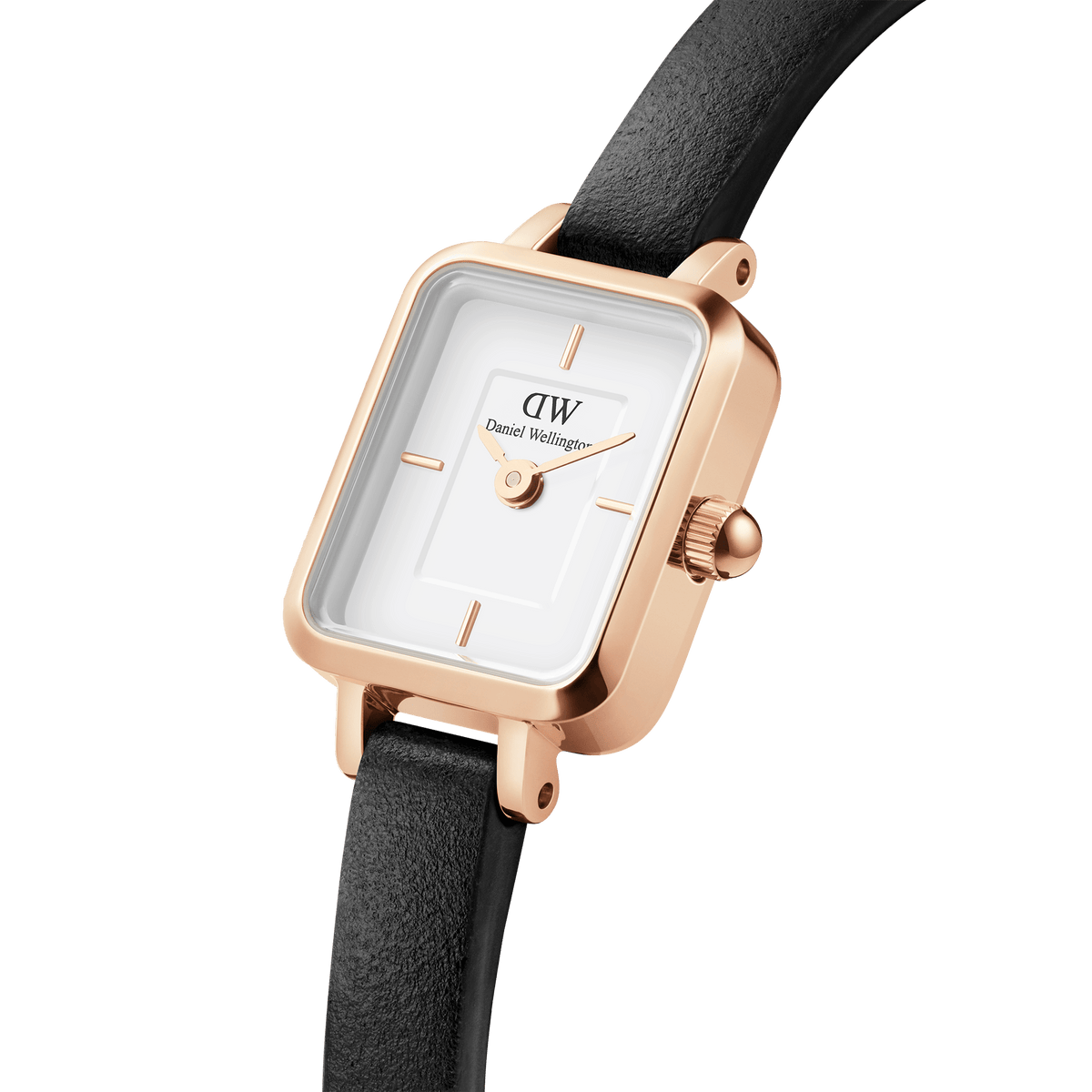 Close-up view of the Quadro Mini Sheffield Rose Gold women's watch with a rectangular rose gold case, white dial, and black leather strap.