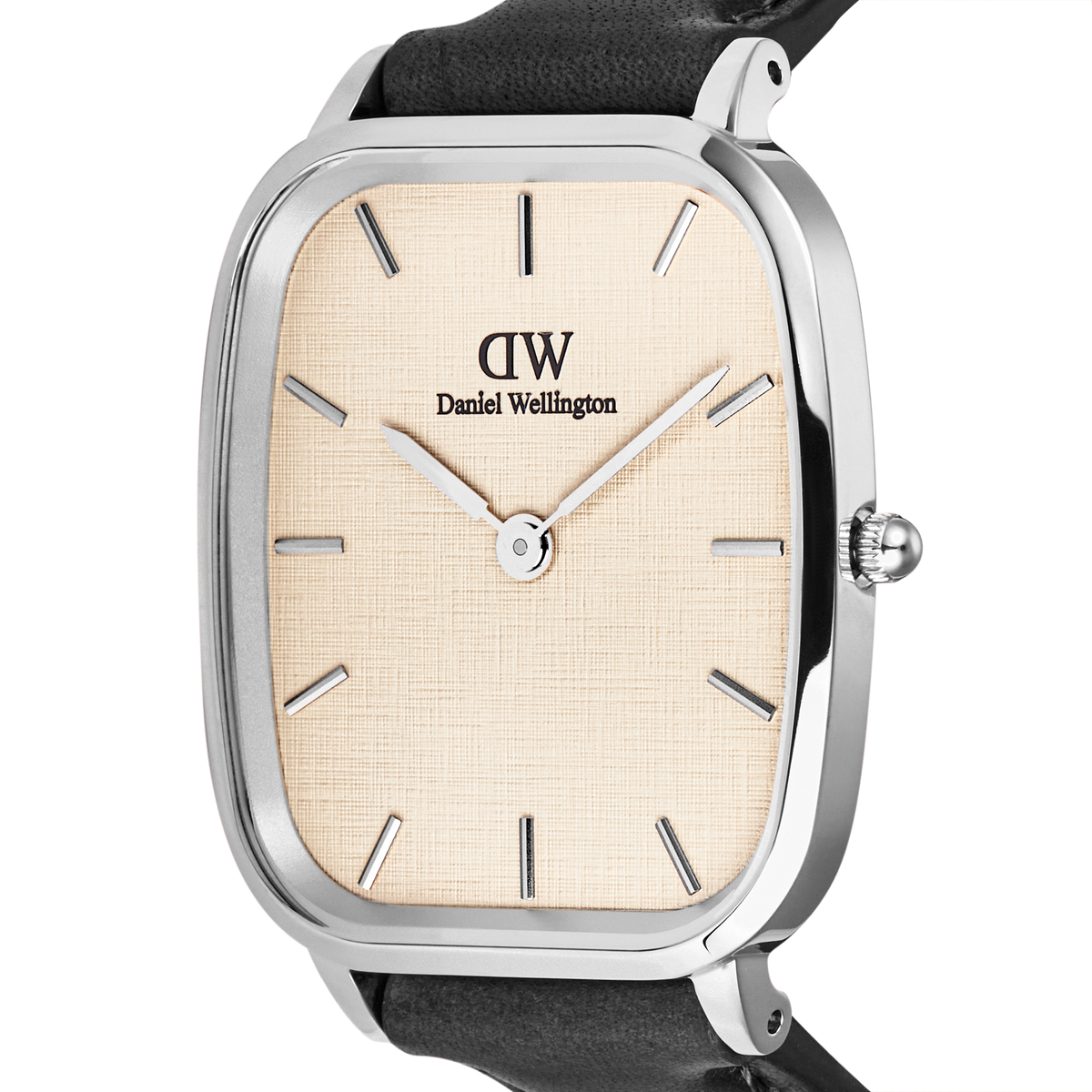 Close-up view of the Marlon Sheffield Linen Silver watch with a square silver case, beige linen dial, and minimalist design.