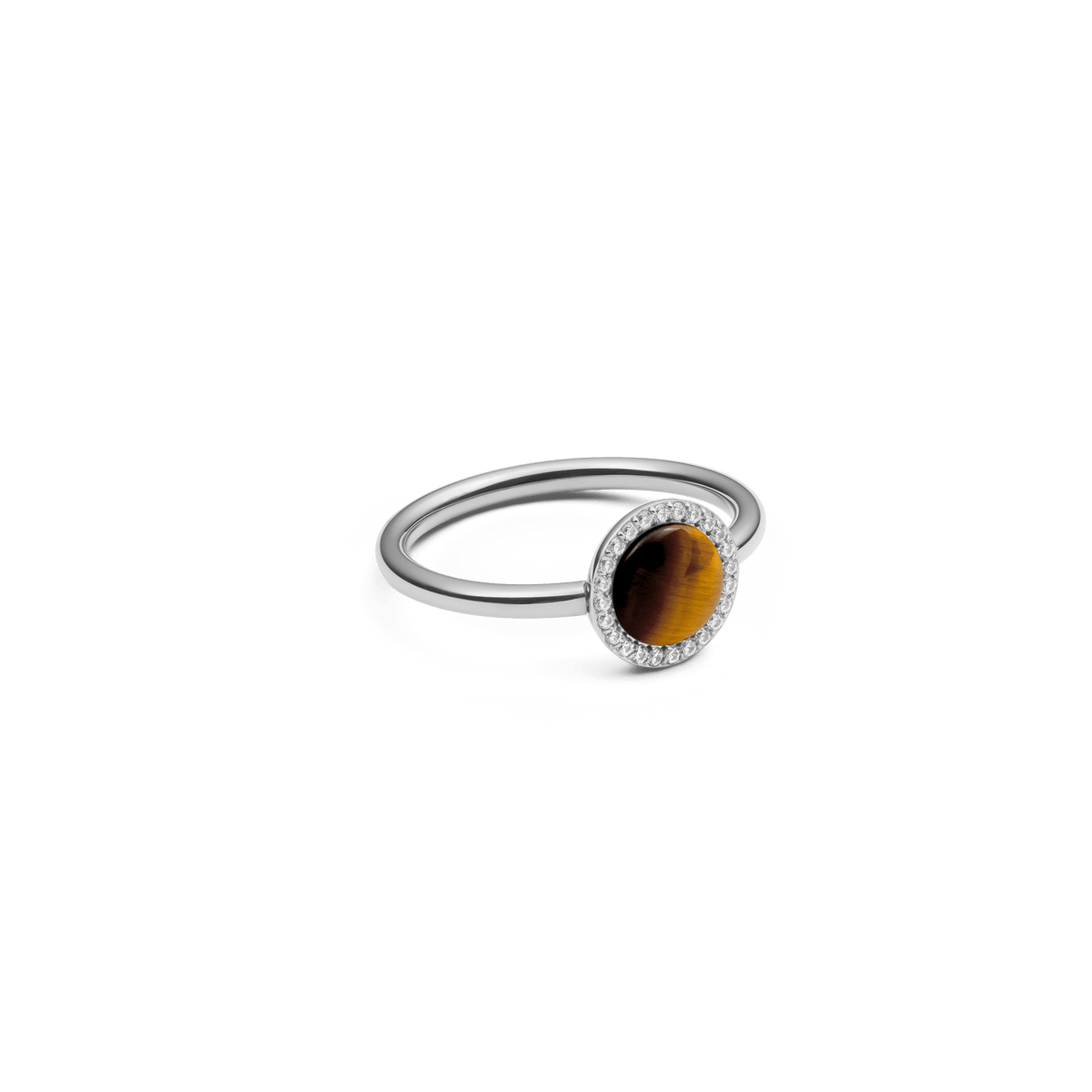 Audrey ring in silver with an oval tiger's eye semi-precious stone and a fine zirconia crystal border on a slim band.