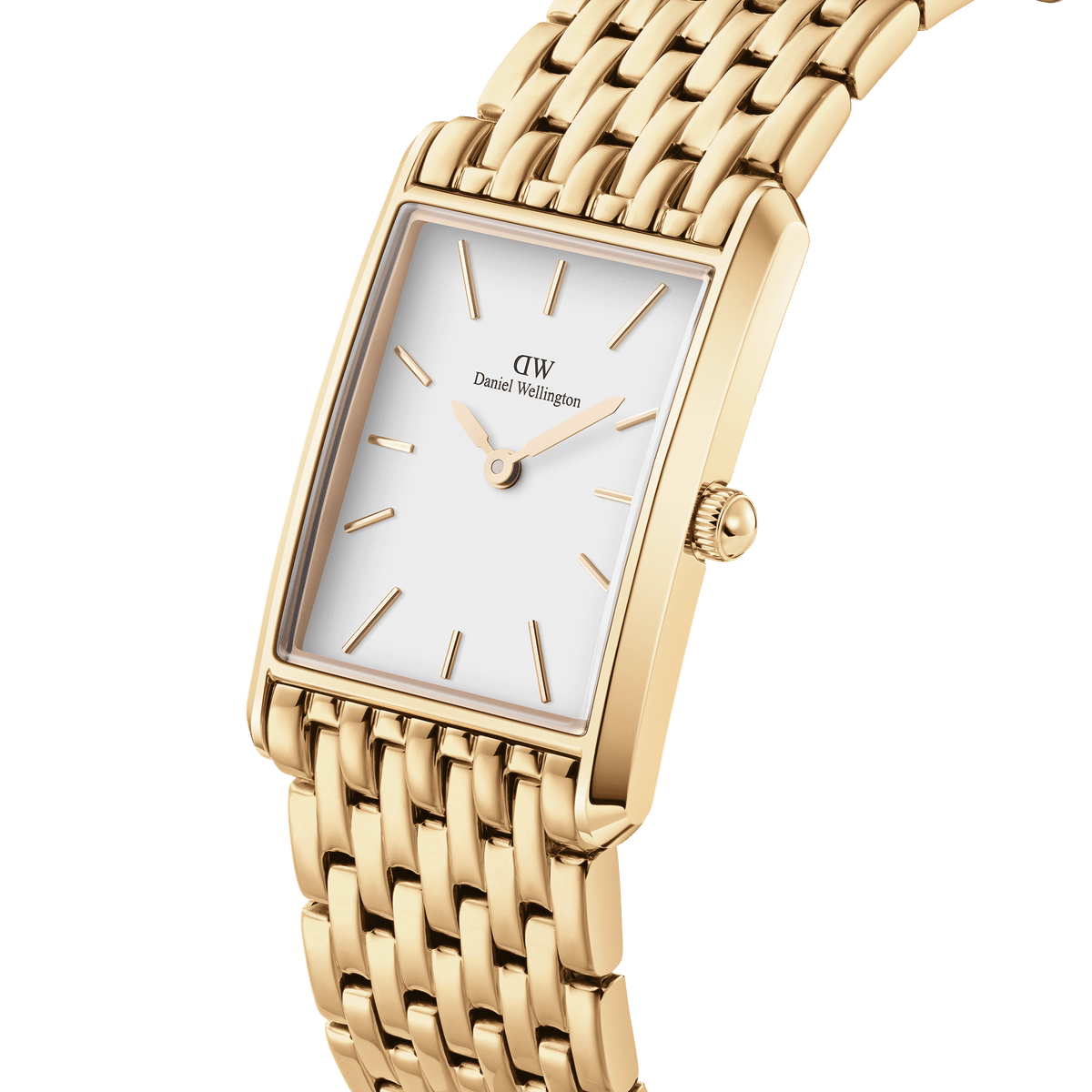 Close-up view of the Bound 9-Link Gold ladies' watch with a rectangular case, white dial, and gold-coloured 9-link stainless steel bracelet.