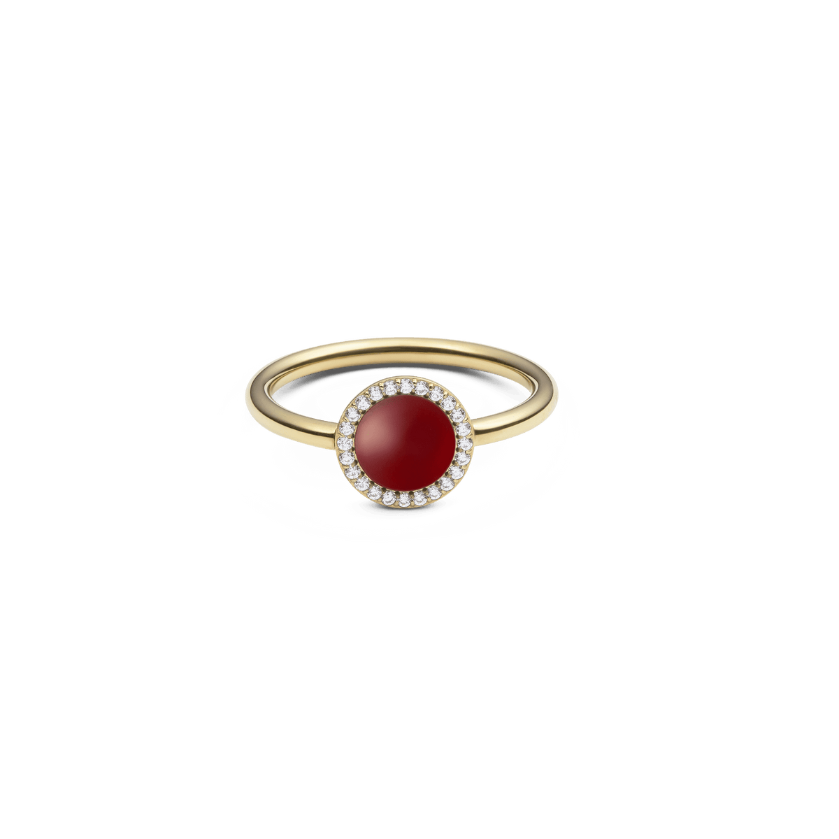 Elegant gold ring with a round red agate centre stone, surrounded by a delicate row of white zirconia crystals on a finely crafted band.