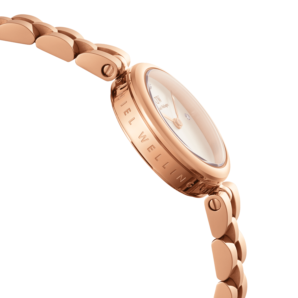 Side close-up of the Elan Lumine Rose Gold women's watch with engraved rose gold case and polished link bracelet.