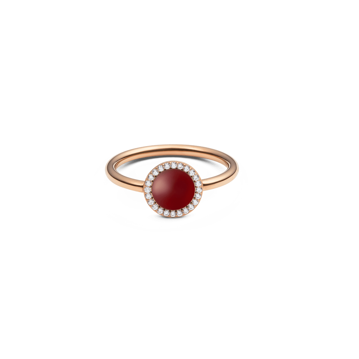 Elegant ladies' ring made of rose gold with a round red agate as the centre stone, surrounded by sparkling white zirconia crystals.