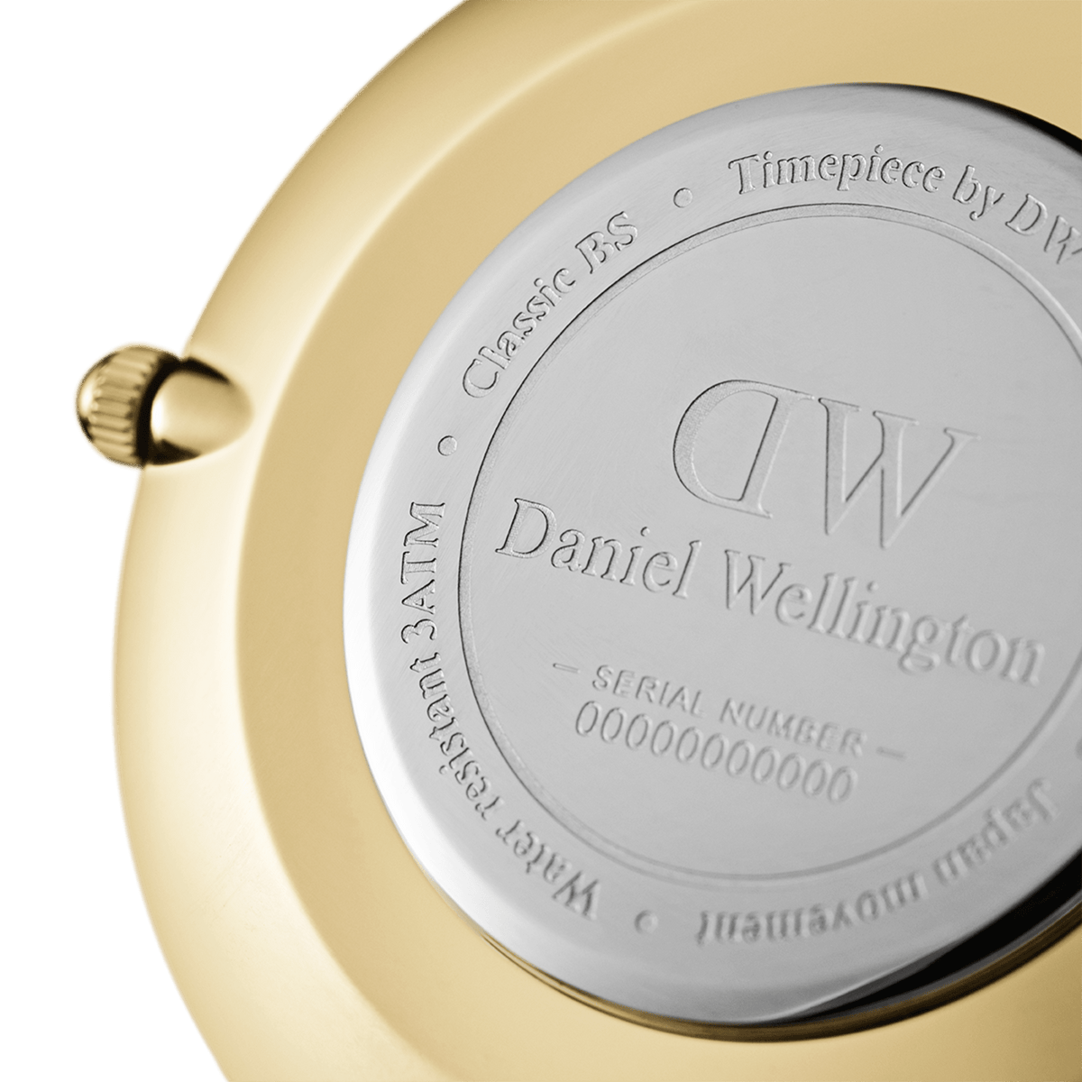 Back of the Daniel Wellington Petite Evergold ladies' watch with engraved logo, serial number, and water resistance rating up to 3 ATM.