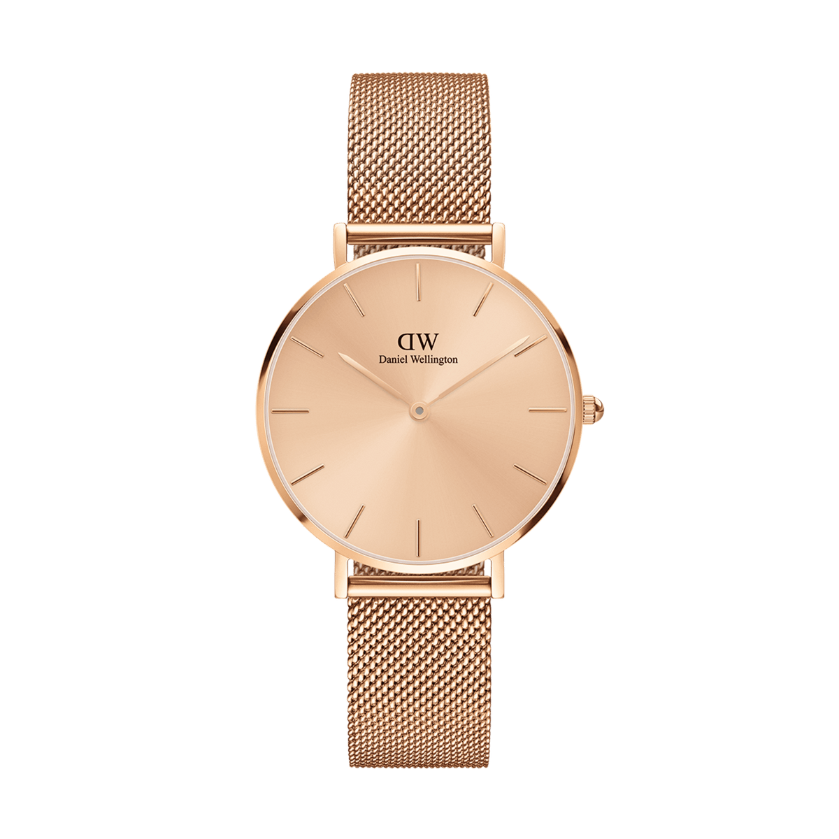 Elegant women's watch in rose gold with a minimalist dial, slim case, and finely crafted mesh strap.
