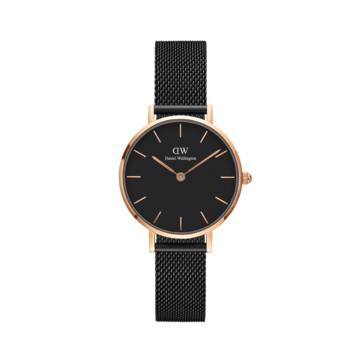 Delicate women's wristwatch Petite Ashfield with black mesh strap, matte black dial, and rose gold case by Daniel Wellington.
