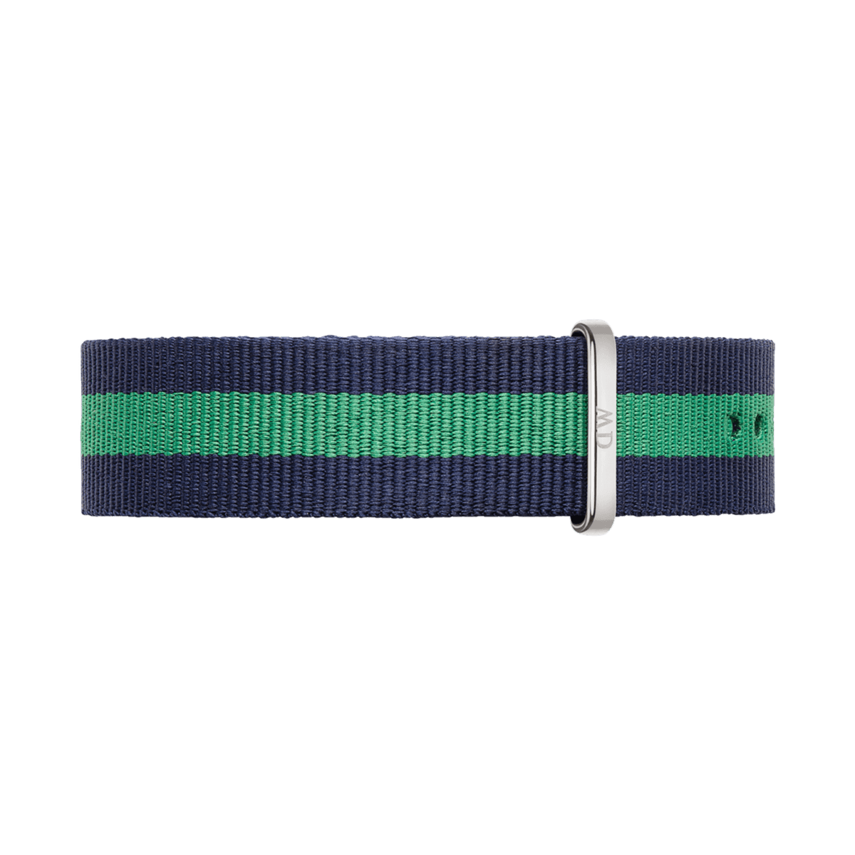 NATO watch strap made from durable polyester in navy blue with a green stripe and silver buckle, 20 mm wide.