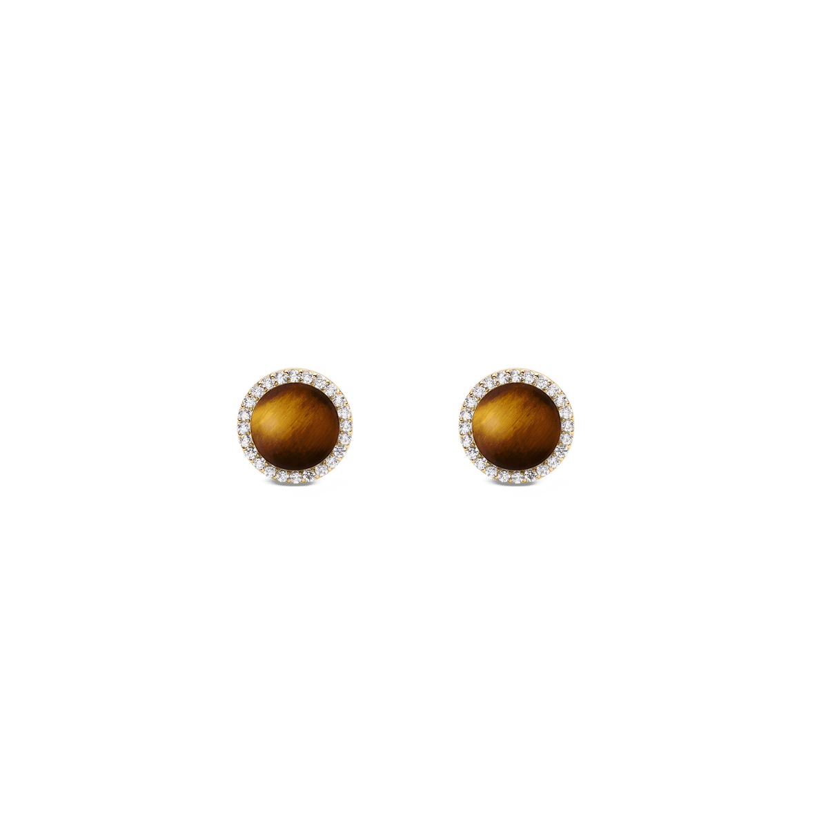 Delicate gold stud earrings featuring a round tiger's eye gemstone and a fine wreath of white cubic zirconia crystals.