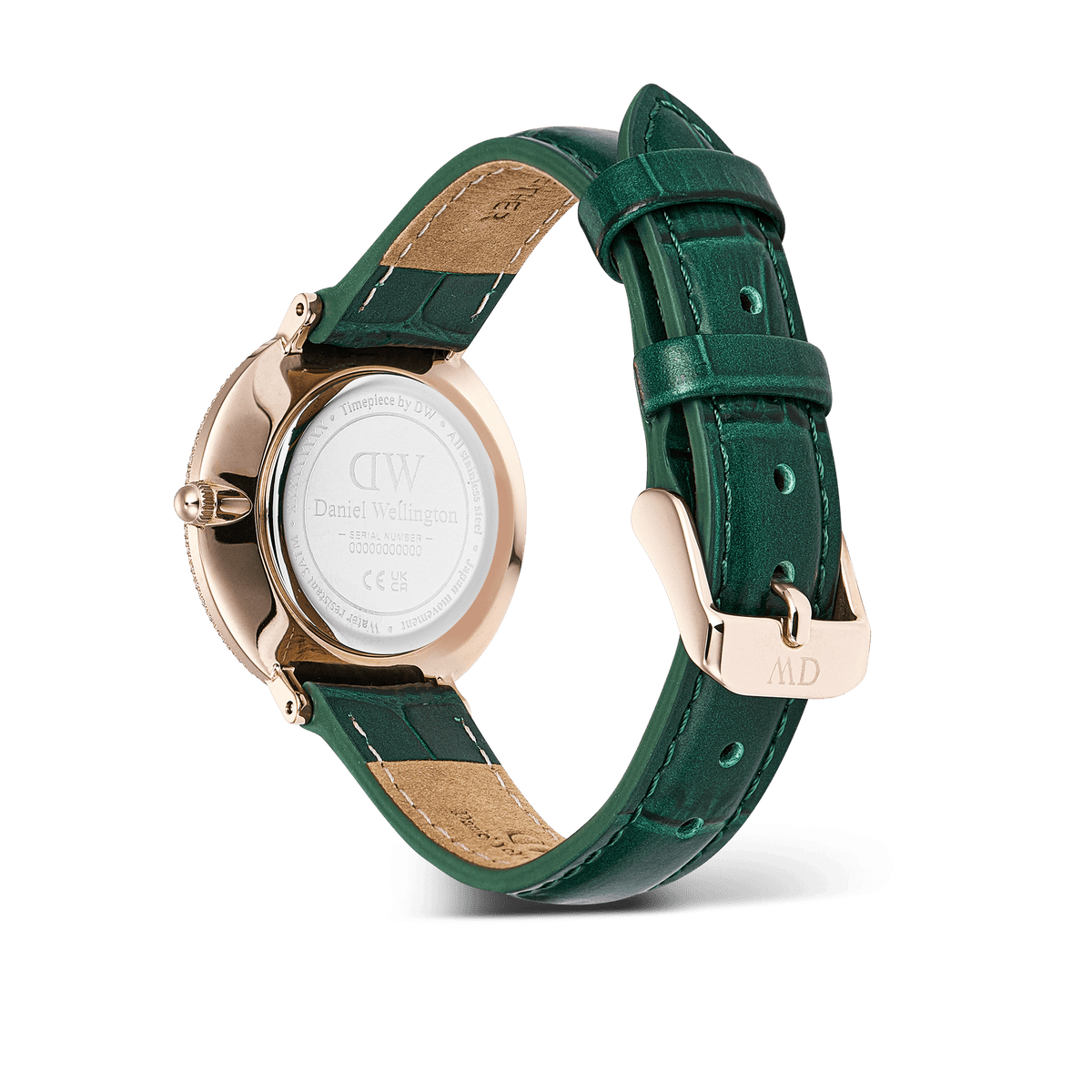 Rear view of the Crystalline Bezel Green Croc Rose Gold ladies' watch with green leather strap, rose gold clasp and engraved case back.