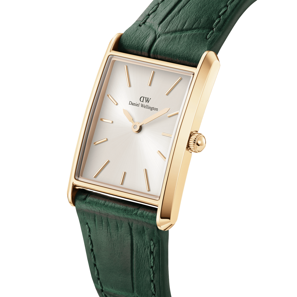 Close-up view of a rectangular gold ladies' watch with a champagne-coloured sunray dial and green crocodile-embossed leather strap.