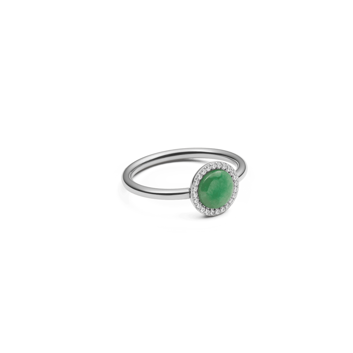 Silver women's ring with a round green jade stone and fine zirconia crystal detailing from the Audrey Collection.