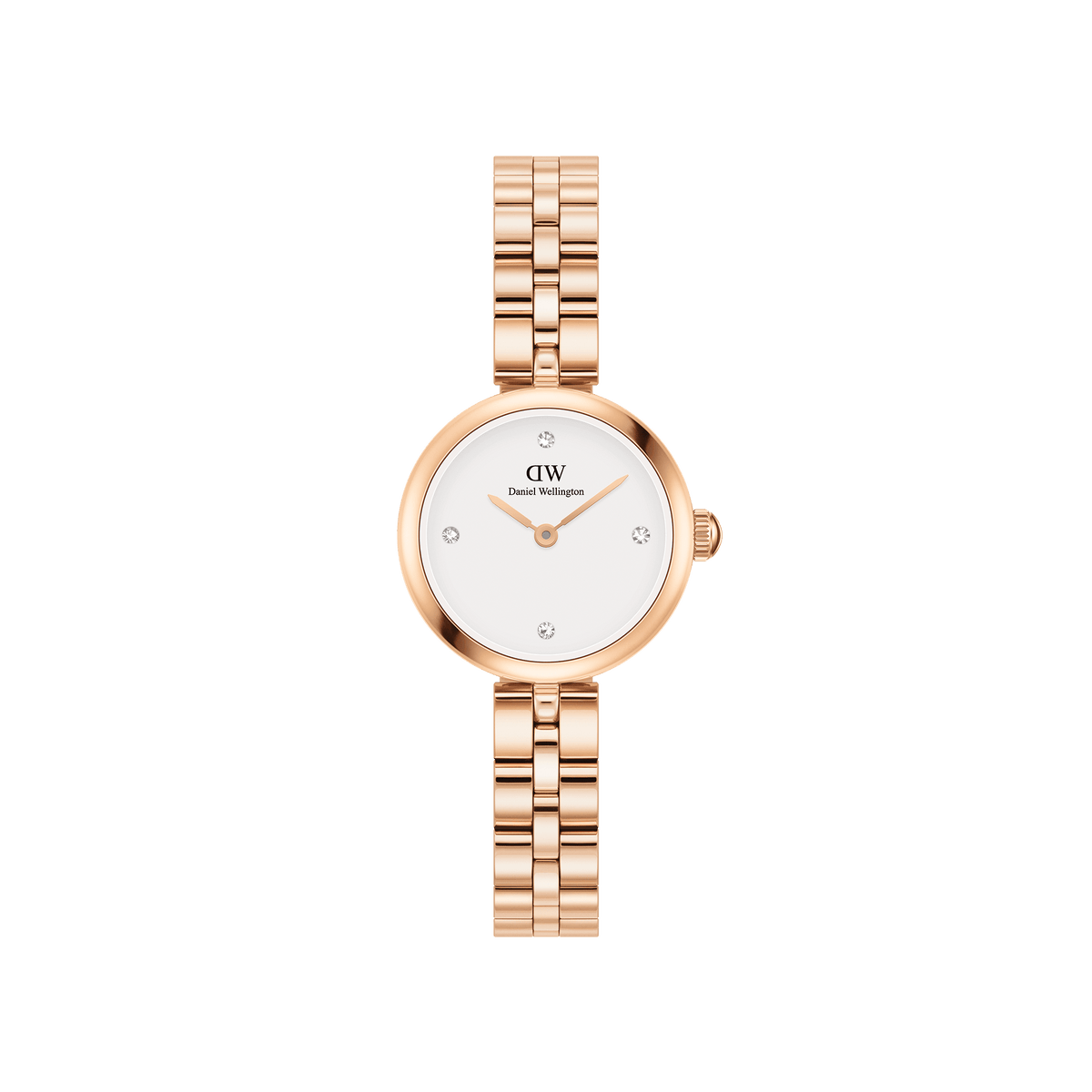 Elegant women's watch in rose gold with a round case, white dial and sparkling crystals as indices, combined with a three-link metal bracelet.