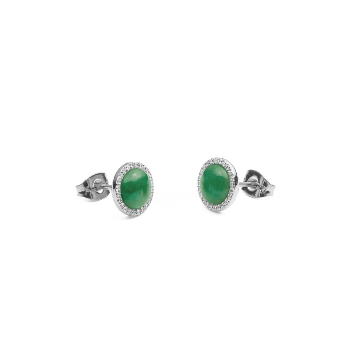 Audrey Jade earrings in silver with round green jade stones and a fine zirconia border, minimalist and elegant with butterfly fastening.