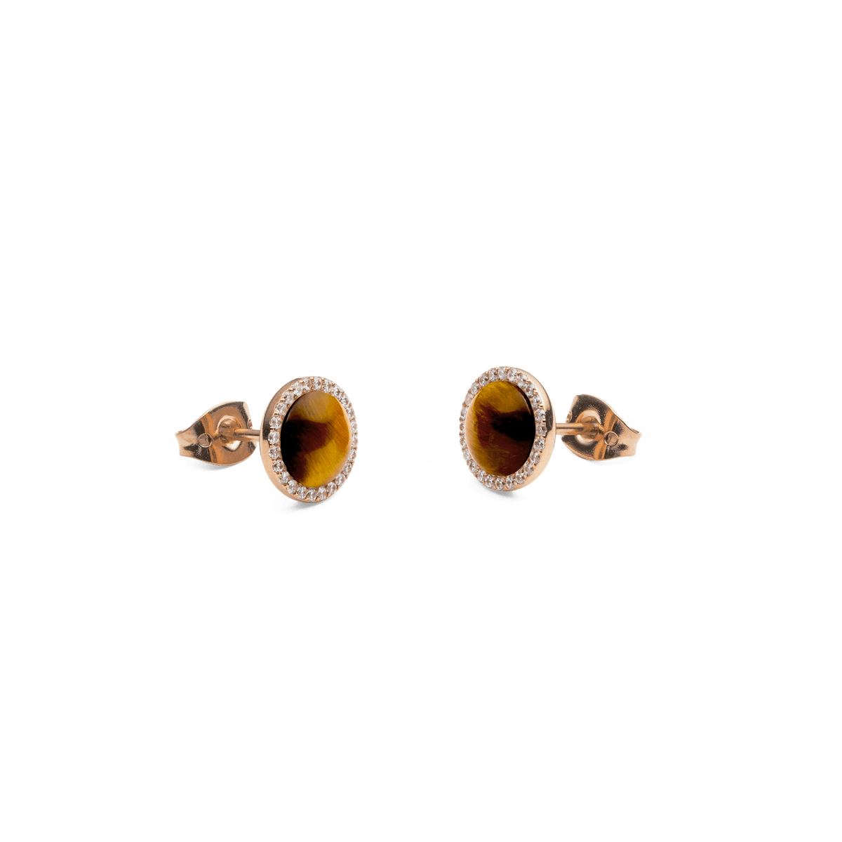 Side view of Audrey earrings in rose gold with a round tiger's eye gemstone and a delicate zirconia border, intricately and elegantly designed.