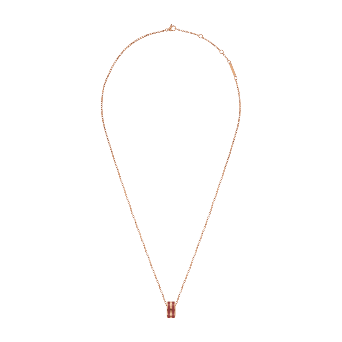 Collana Emalie in oro rosa con chiusura regolabile e pendente smaltato Cherry Blush, visualizzazione completa della lunghezza.