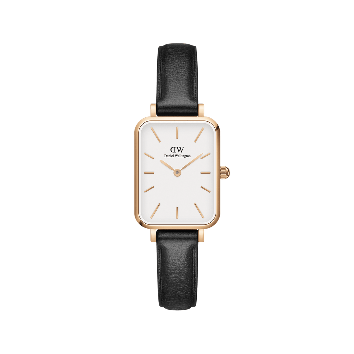 Minimalist Quadro Pressed Sheffield ladies' watch with a rectangular rose gold case, white dial and black leather strap.