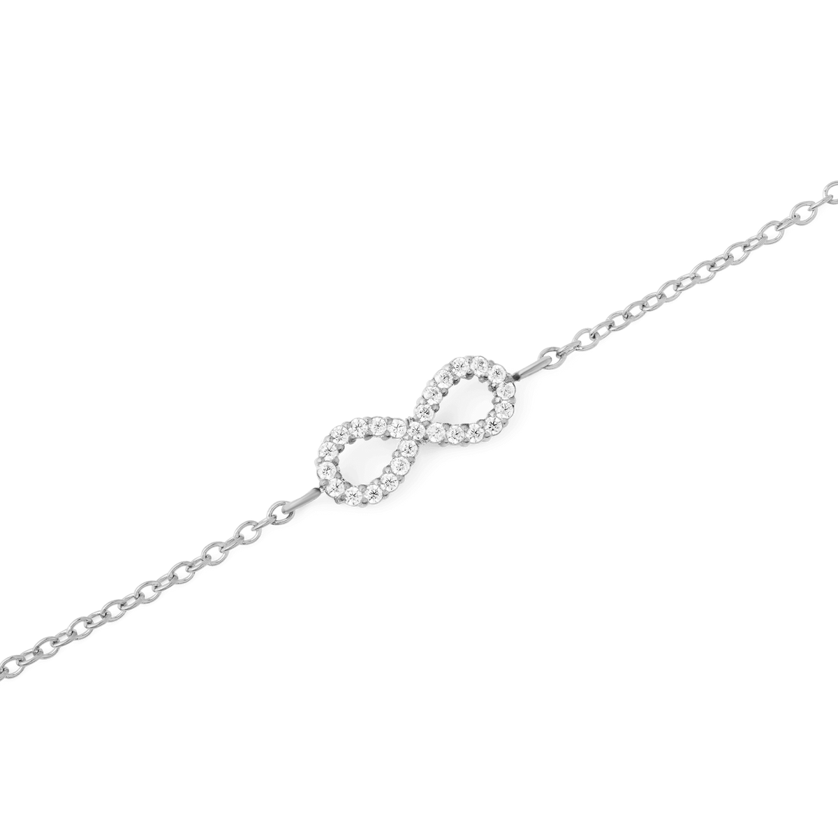 Dettaglio ravvicinato del simbolo dell'infinito del bracciale *Mirelle Infinity*, impreziosito da zirconi cubici bianchi incastonati lungo il profilo. La catena sottile in acciaio inossidabile argentato completa il design, mostrato su sfondo bianco.