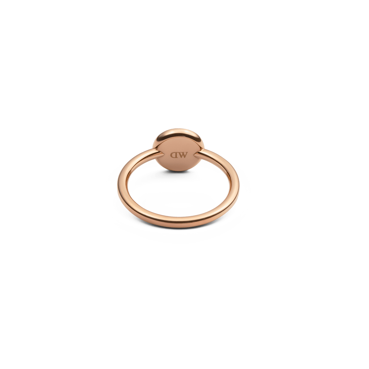 Rear view of the Audrey Ring Jade Rose Gold made from polished rose gold stainless steel with an engraved DW logo on the inside of the ring.