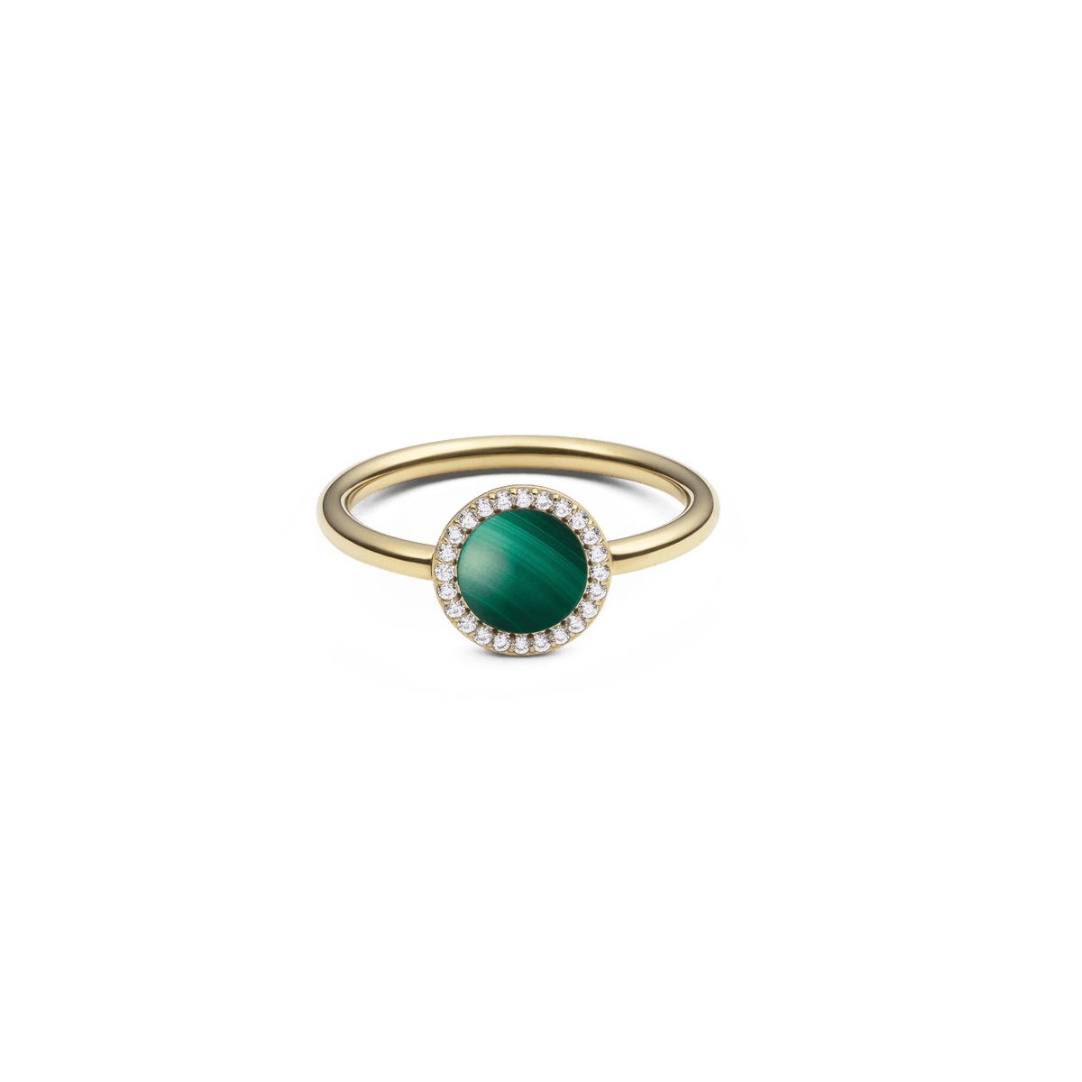 Golden ring with a round green malachite centre stone, surrounded by a delicate row of sparkling white zirconia crystals on a slender band.