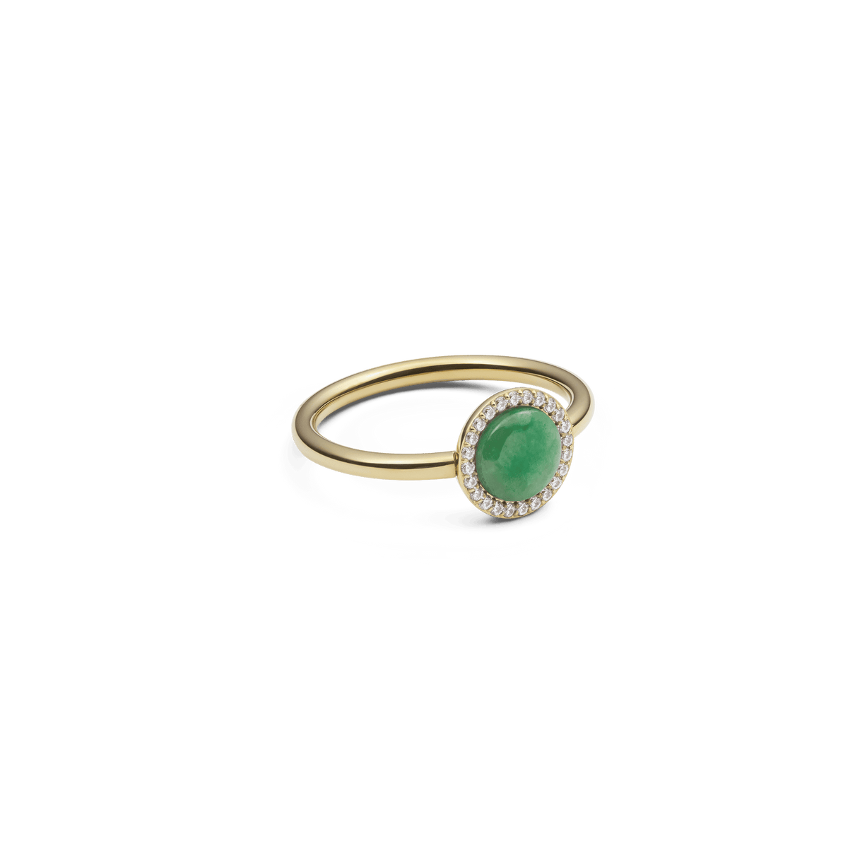 Delicate gold ring with a round green jade stone and a surrounding zirconia setting, designed in a minimalist and modern style.