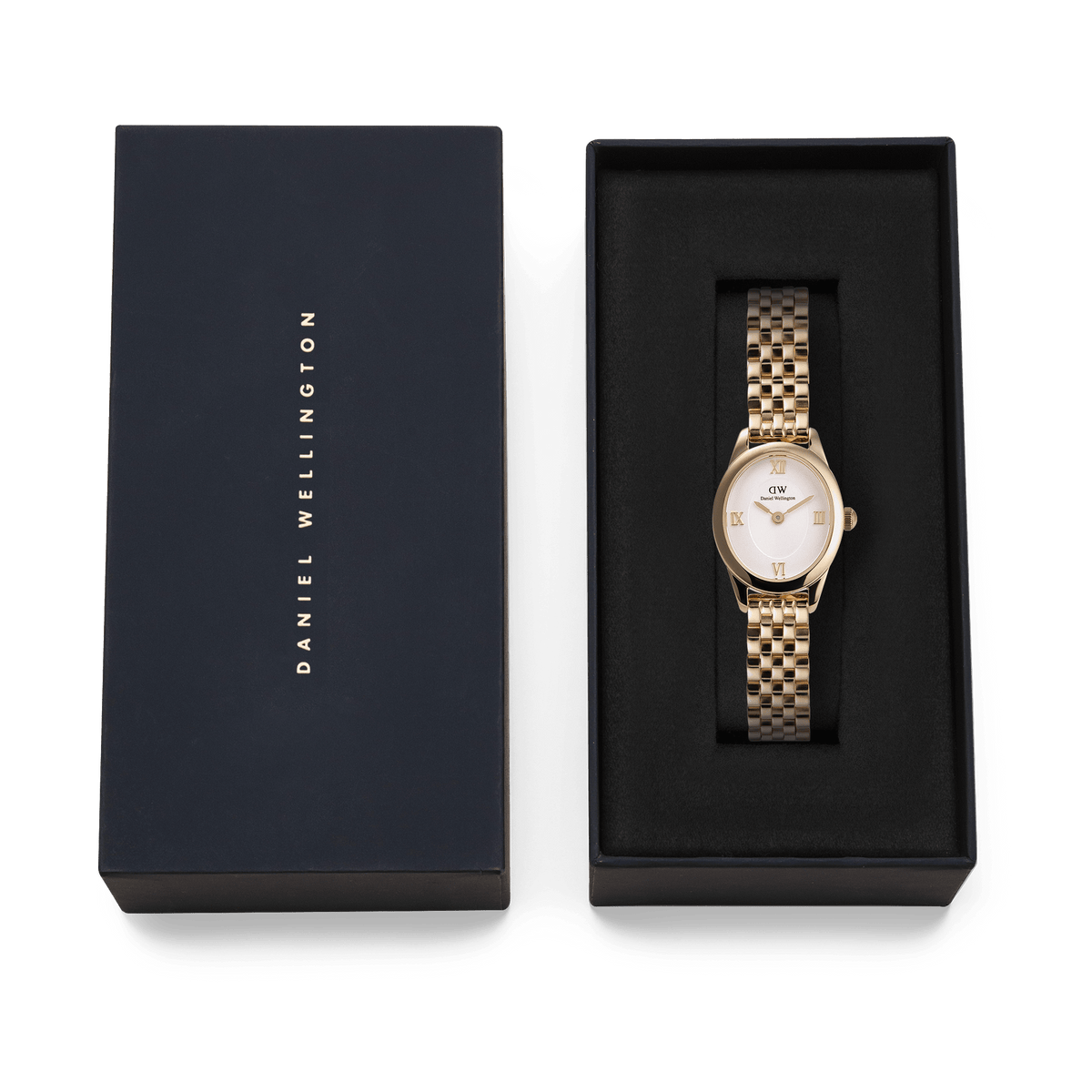 Ophelia Mini Gold ladies' watch by Daniel Wellington with a gold-coloured 5-link bracelet in an elegant gift box with a dark blue lid.