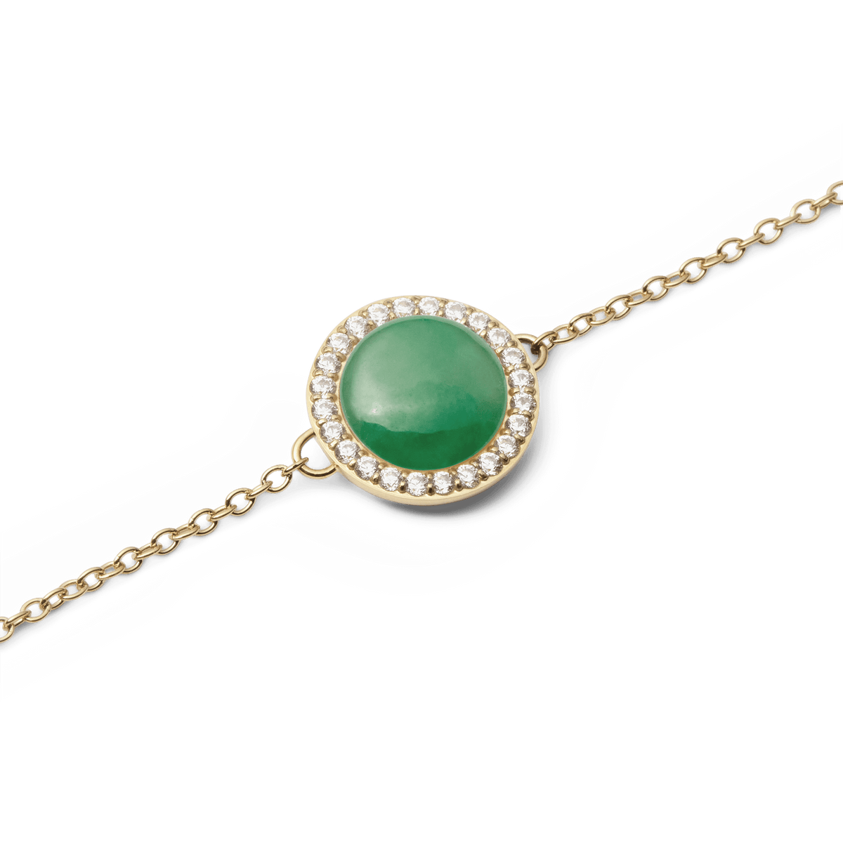 Close-up view of the Audrey Bracelet Jade Gold with a round green jade stone, framed by sparkling white cubic zirconia crystals on a delicate gold-coloured chain.