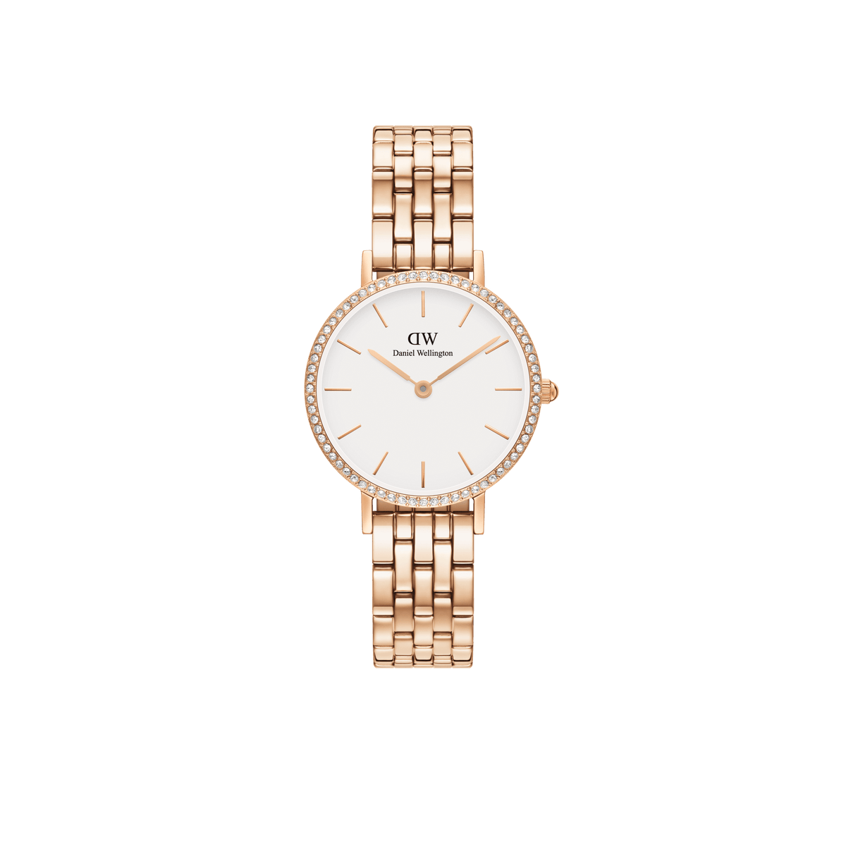 Elegant women's watch in rose gold with a sparkling, stone-set bezel, white dial and fine 5-link stainless steel bracelet.