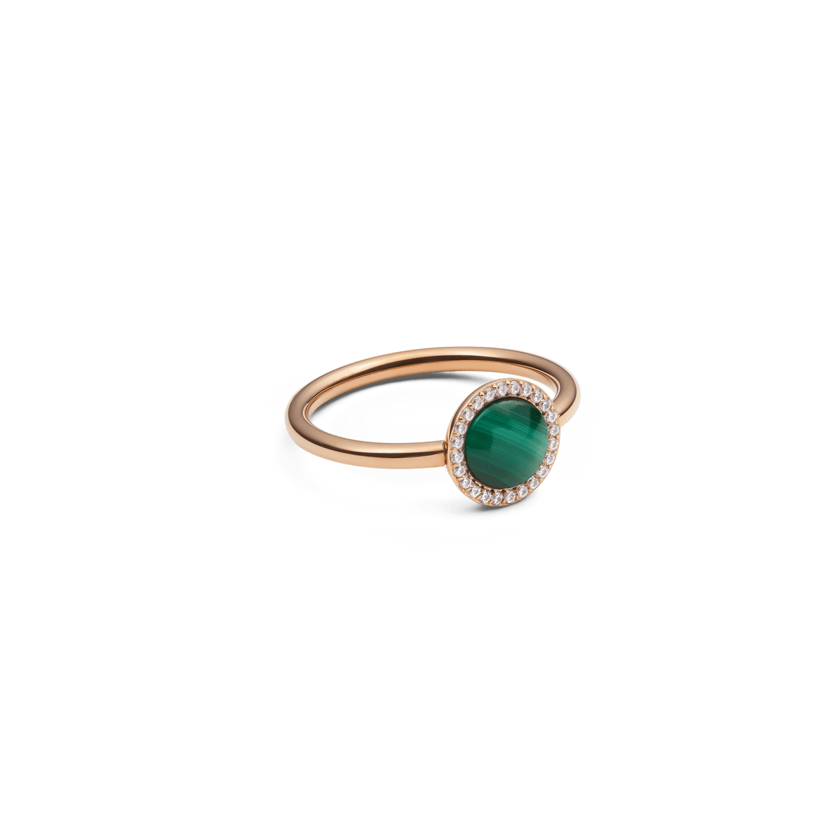 Audrey Malachite Rose Gold ring with a round green malachite centrepiece, surrounded by sparkling white cubic zirconia crystals on a delicate rose gold band.