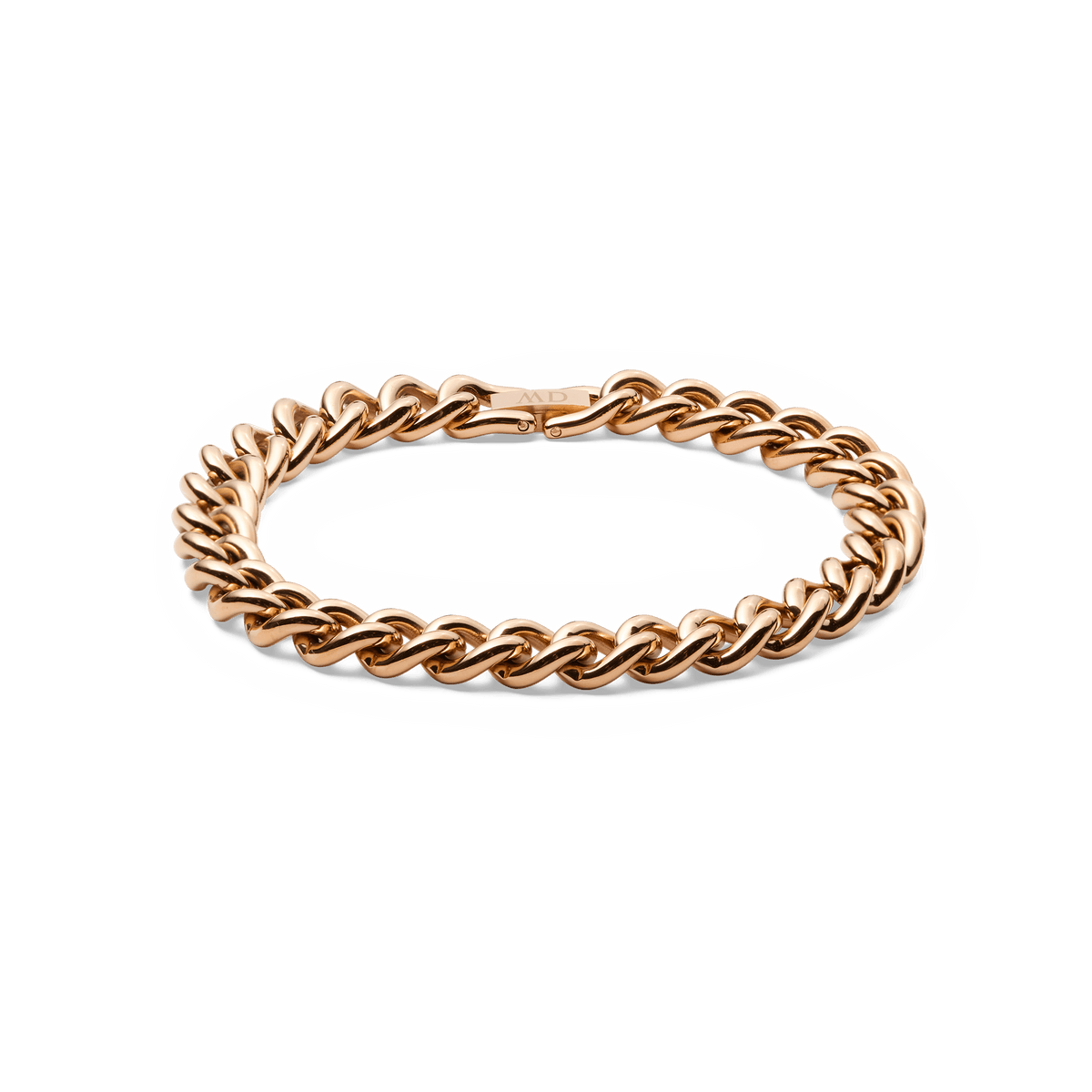 Pulsera Chunky Chain Bracelet Rose Gold de acero inoxidable con chapado PVD en oro rosa, con eslabones gruesos redondeados y cierre plegable, sobre fondo blanco.