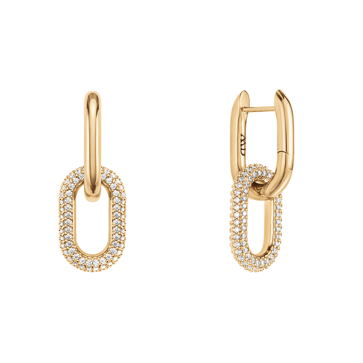Golden Crystal Link Earrings made of gold-plated brass with sparkling cubic zirconia crystals in a striking chain link design.