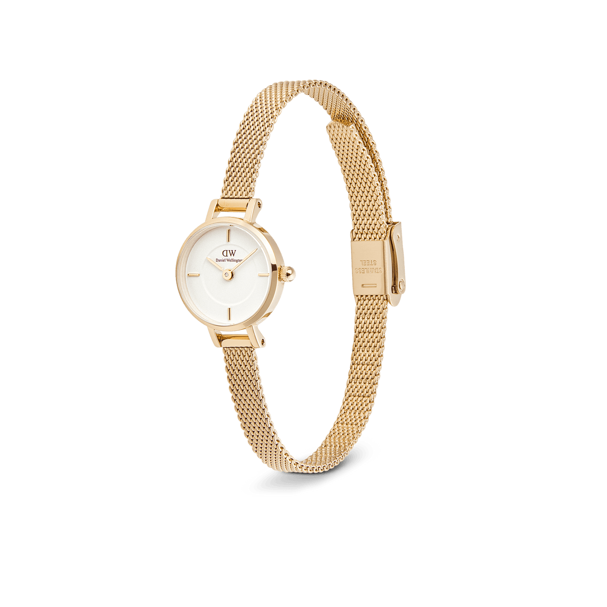 The Petite Mini Evergold ladies' watch features a petite 19 mm case, a white dial, and a fine gold-coloured stainless steel mesh strap.